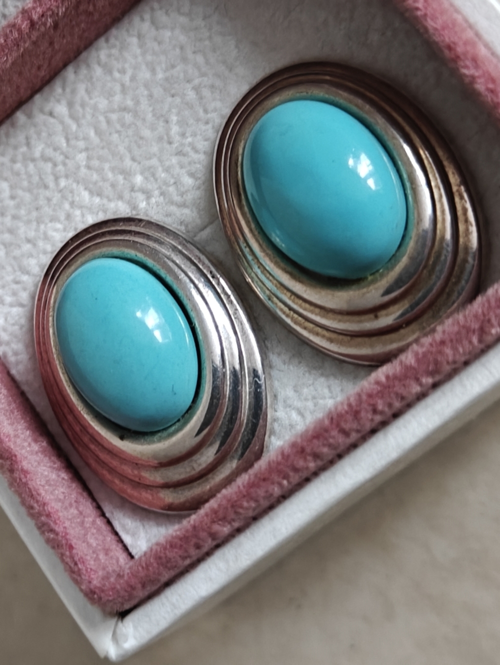 Vintage Modernist Turquoise Glass Cabochon 925 Sterling Silver Earrings